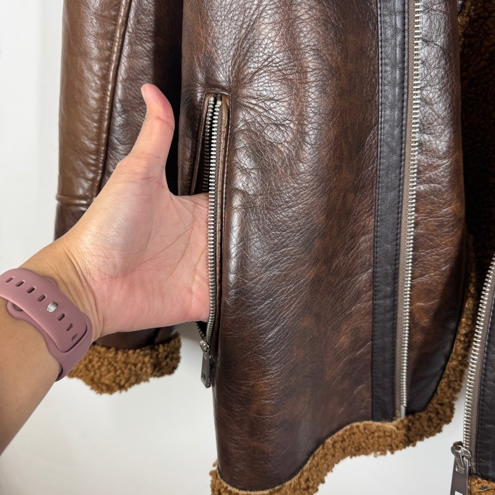 Zara Brown Faux Leather Shearling Jacket Size XL Aviator Biker Cozy Core - Picture 11 of 14